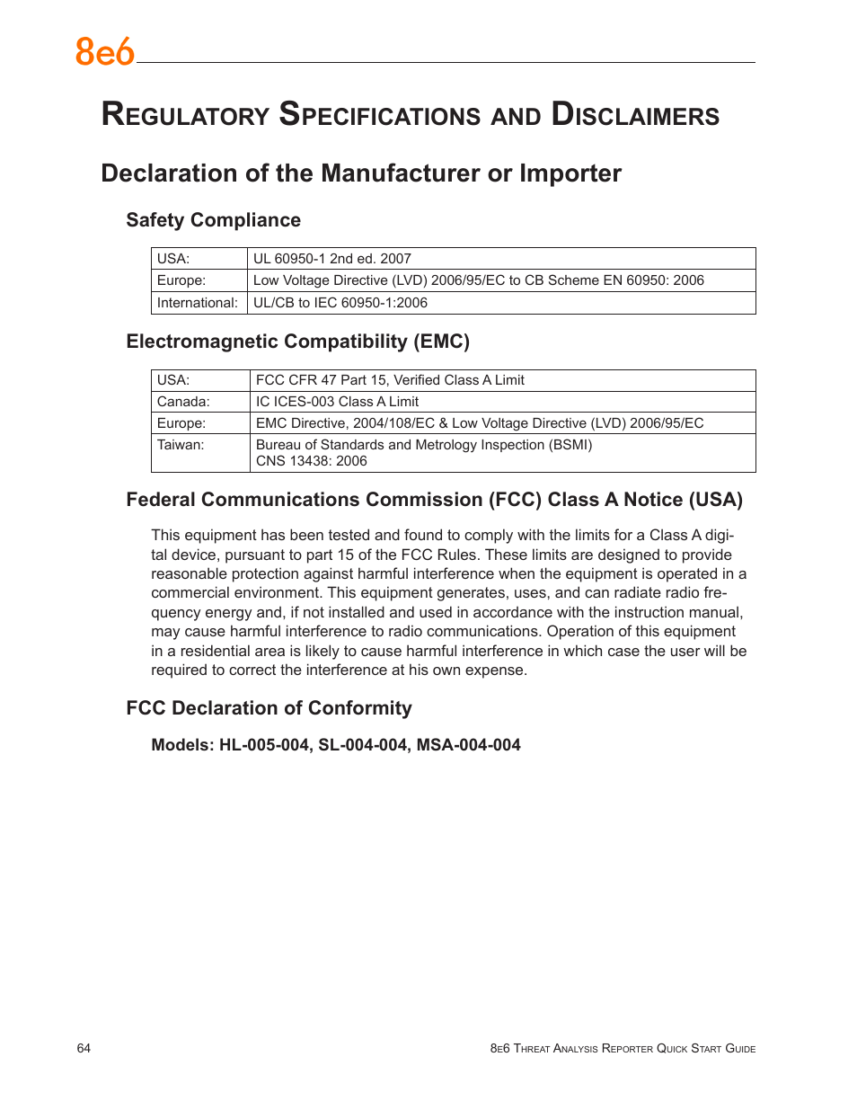 Regulatory specifications and disclaimers, Declaration of the manufacturer or importer, Egulatory | Pecifications, Isclaimers | 8e6 Technologies Threat Analysis Reporter TAR User Manual | Page 68 / 76