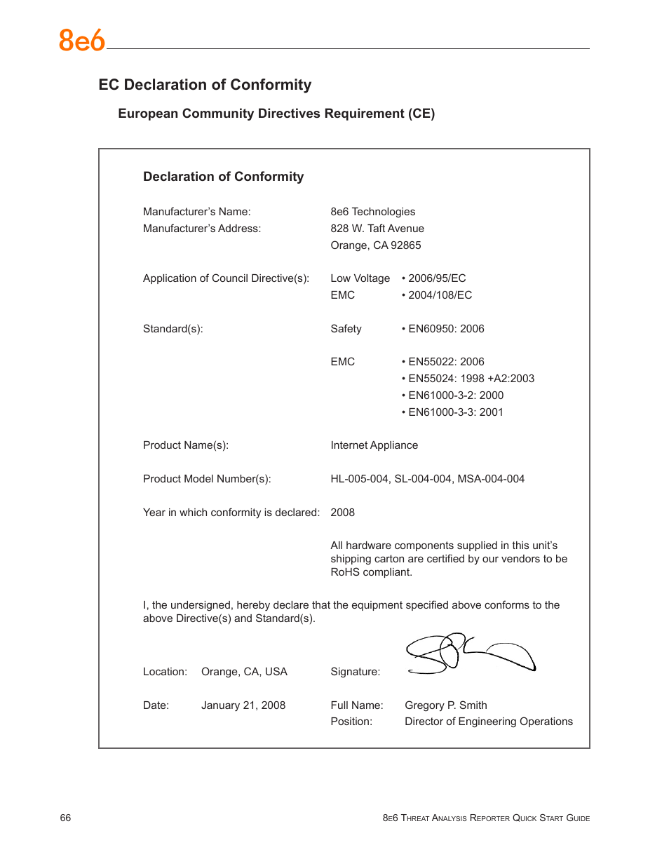 Ec declaration of conformity | 8e6 Technologies Threat Analysis Reporter TAR User Manual | Page 70 / 76