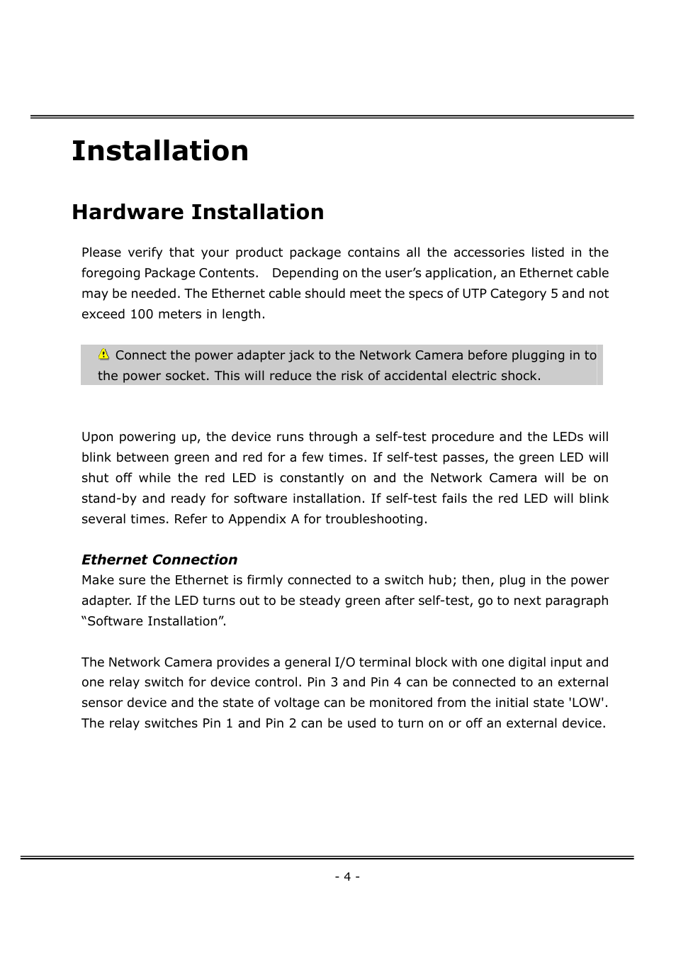 Installation, Hardware installation | 4XEM Network Camera User Manual | Page 8 / 88