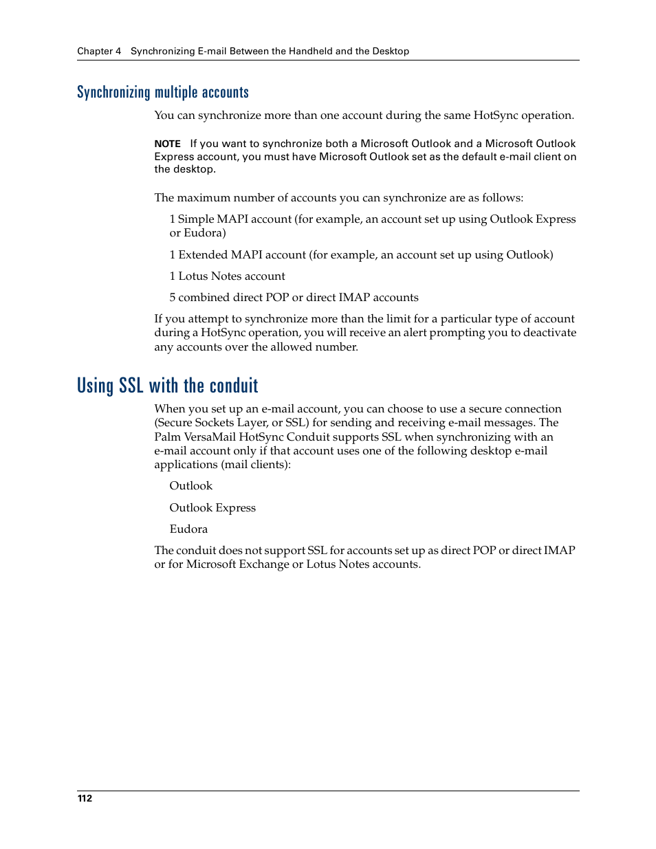 Synchronizing multiple accounts, Using ssl with the conduit | 2nd Ave. Palm VersaMail 2.5 User Manual | Page 118 / 166