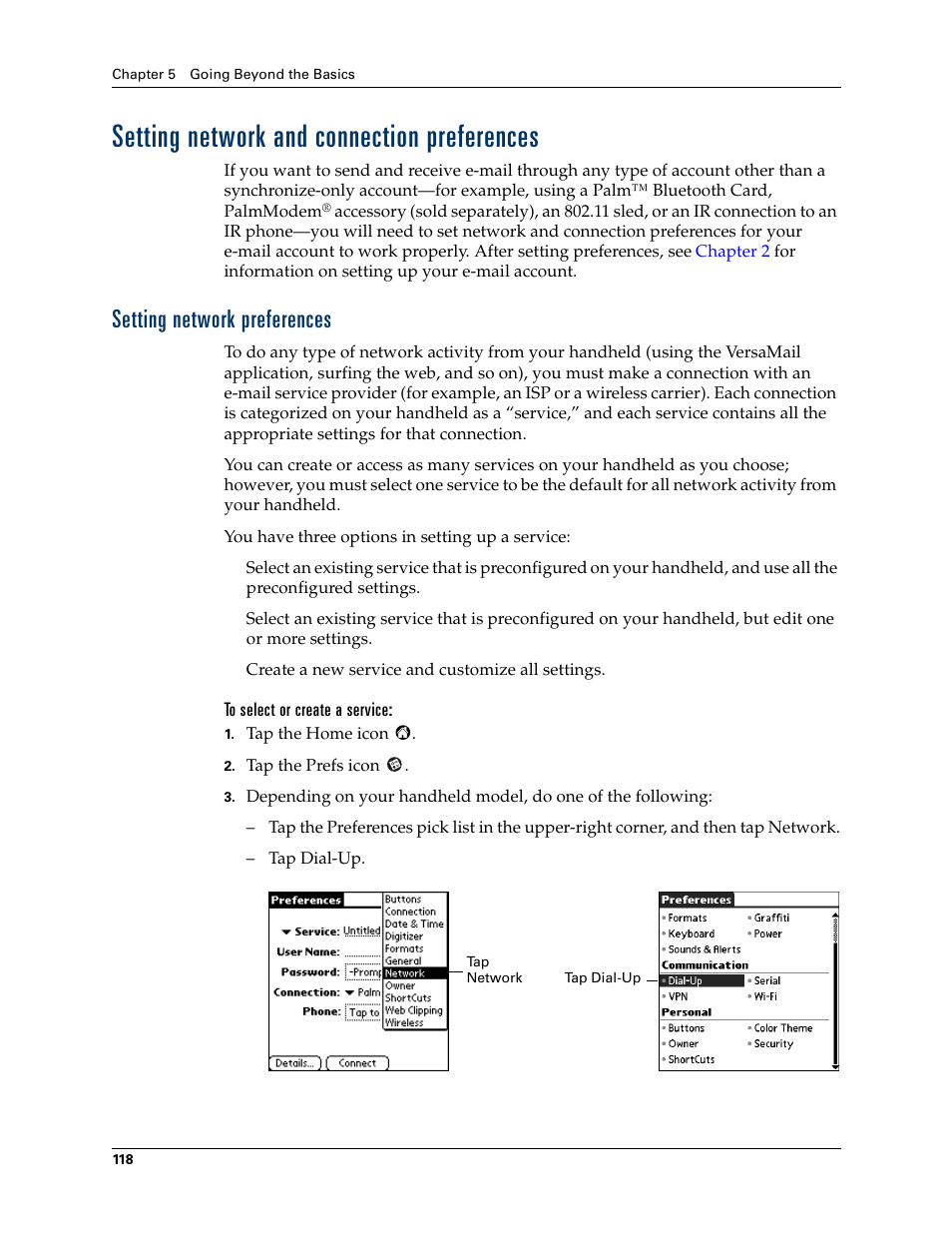 Setting network and connection preferences, Setting network preferences, Eens. see | Chapter 5, T up. see, Setting network, And connection preferences, For i | 2nd Ave. Palm VersaMail 2.5 User Manual | Page 124 / 166