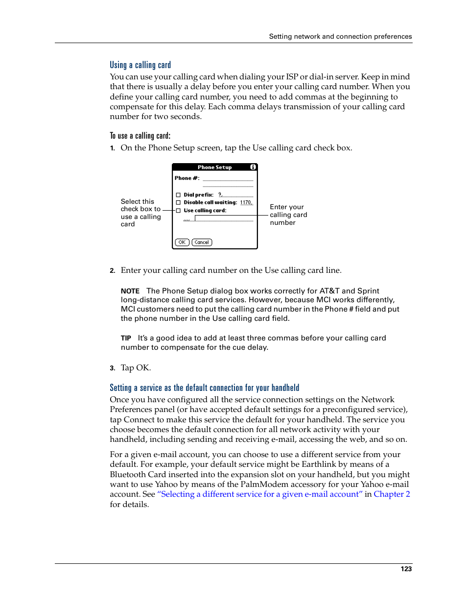 Using a calling card | 2nd Ave. Palm VersaMail 2.5 User Manual | Page 129 / 166