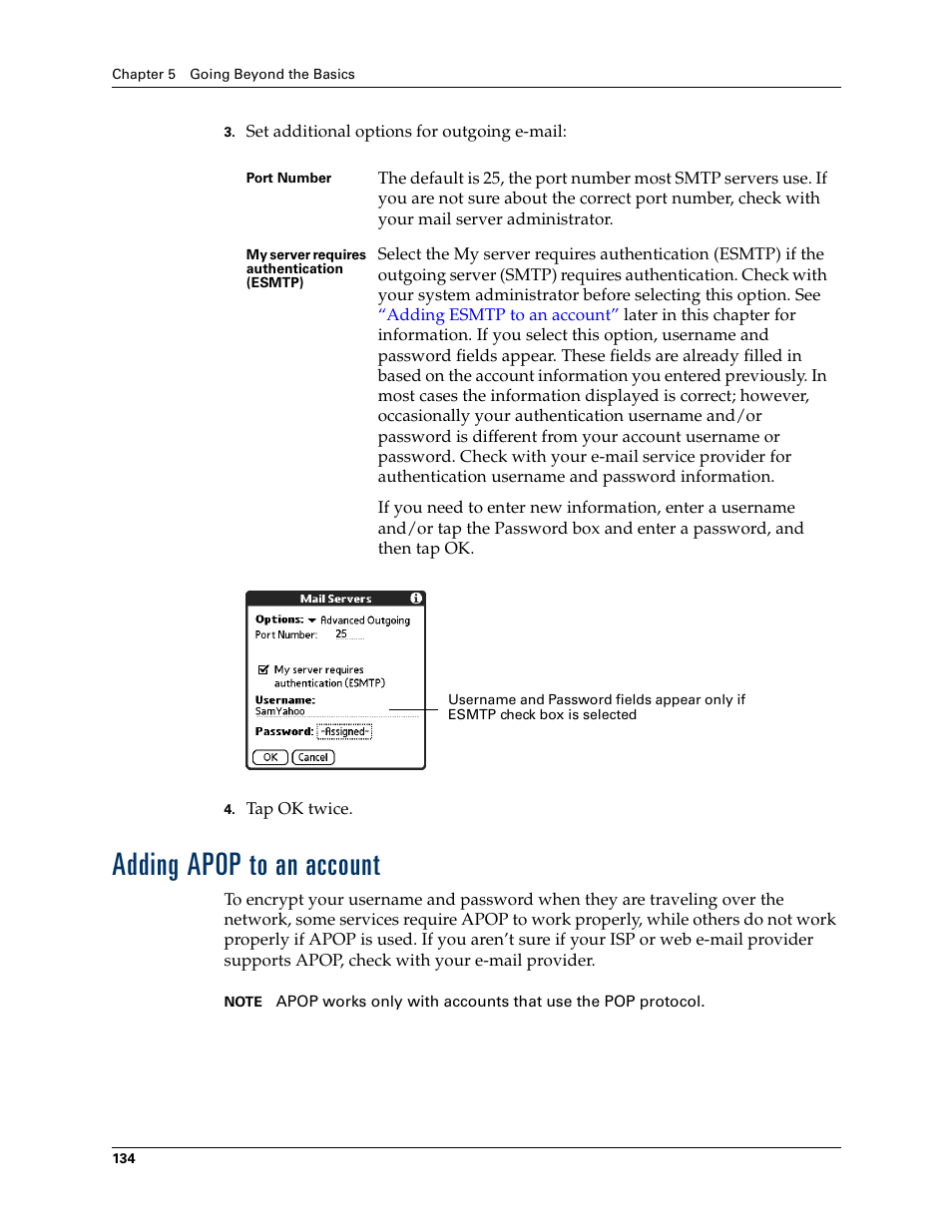 Adding apop to an account, Chapter 5, Adding apop | To an account | 2nd Ave. Palm VersaMail 2.5 User Manual | Page 140 / 166
