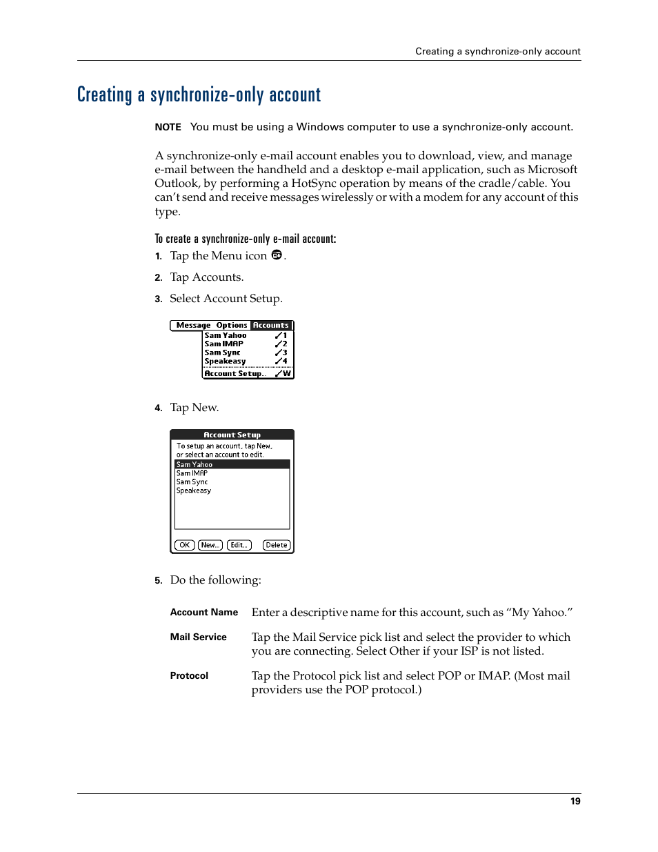 Creating a synchronize-only account | 2nd Ave. Palm VersaMail 2.5 User Manual | Page 25 / 166