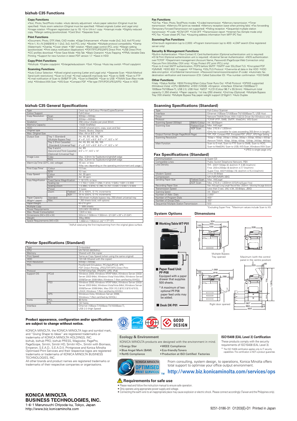 Requirements for safe use, Black & white, Fax specifications (standard) | Ecology & environment, System options dimensions | 2nd Ave. bizhub C35 User Manual | Page 4 / 4
