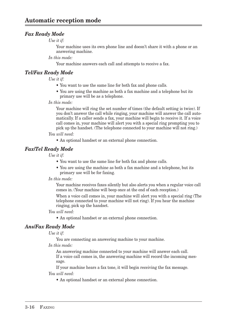 Automatic reception mode, Fax ready mode, Tel/fax ready mode | Fax/tel ready mode, Ans/fax ready mode | Muratec MX-2030 User Manual | Page 98 / 396