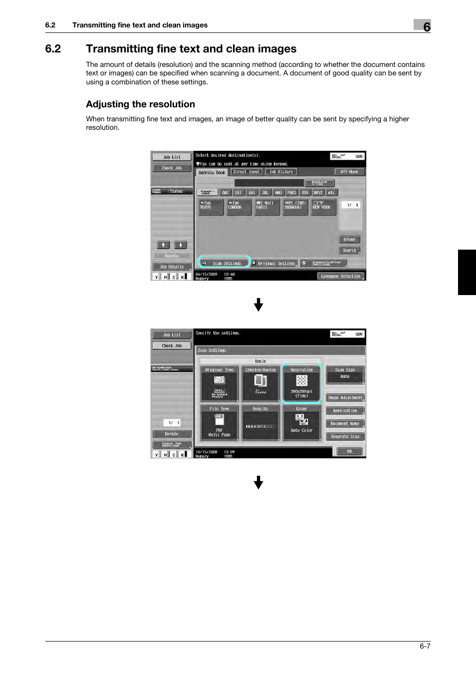 2 transmitting fine text and clean images, Adjusting the resolution | 321 Studios Muratec MFX-C2828 User Manual | Page 226 / 292