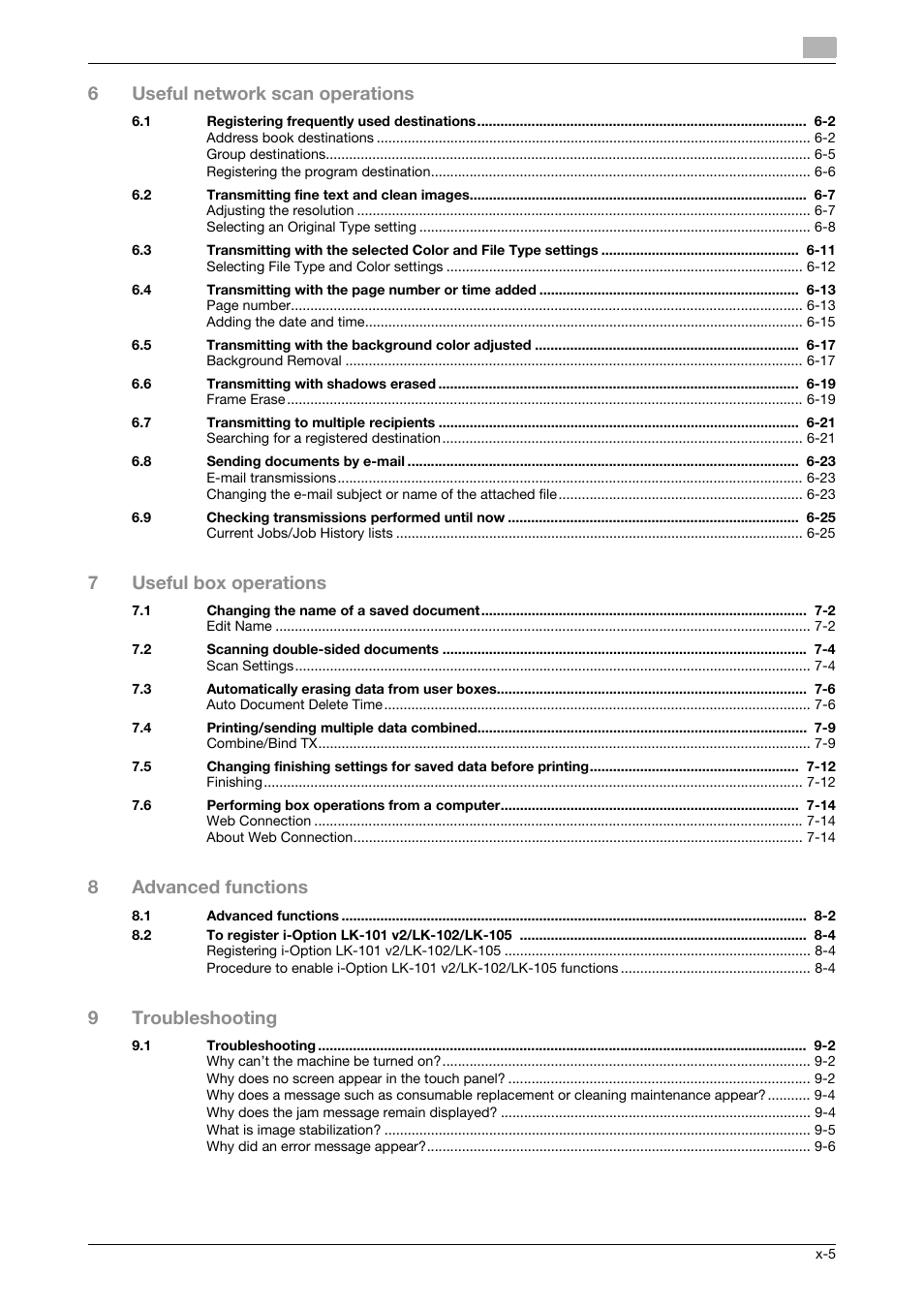 6useful network scan operations, 7useful box operations, 8advanced functions | 9troubleshooting | 321 Studios Muratec MFX-C2828 User Manual | Page 6 / 292