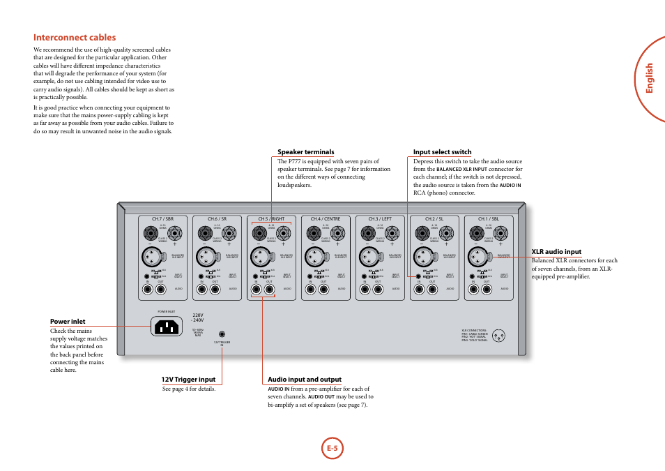 Interconnect cables, English interconnect cables, Xlr audio input | Power inlet, 12v trigger input, Speaker terminals, Audio input and output, Input select switch, See page 4 for details, Rca (phono) connector | Arcam P777 User Manual | Page 7 / 16