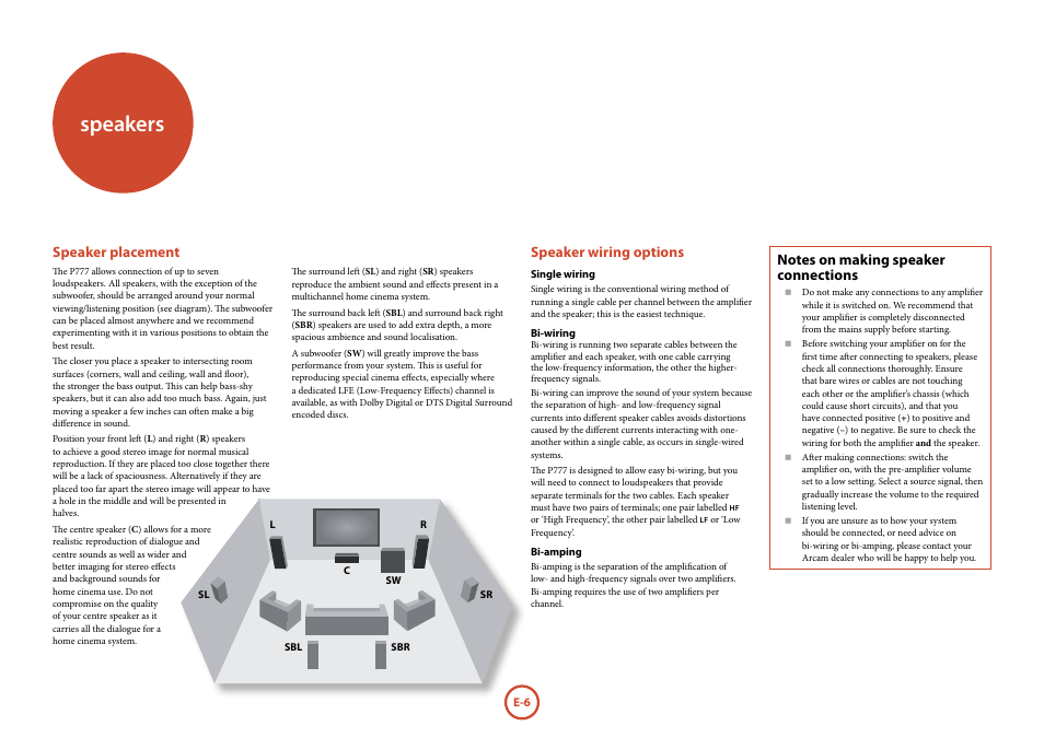 Speakers, Speaker placement, Speaker wiring options | Arcam P777 User Manual | Page 8 / 16