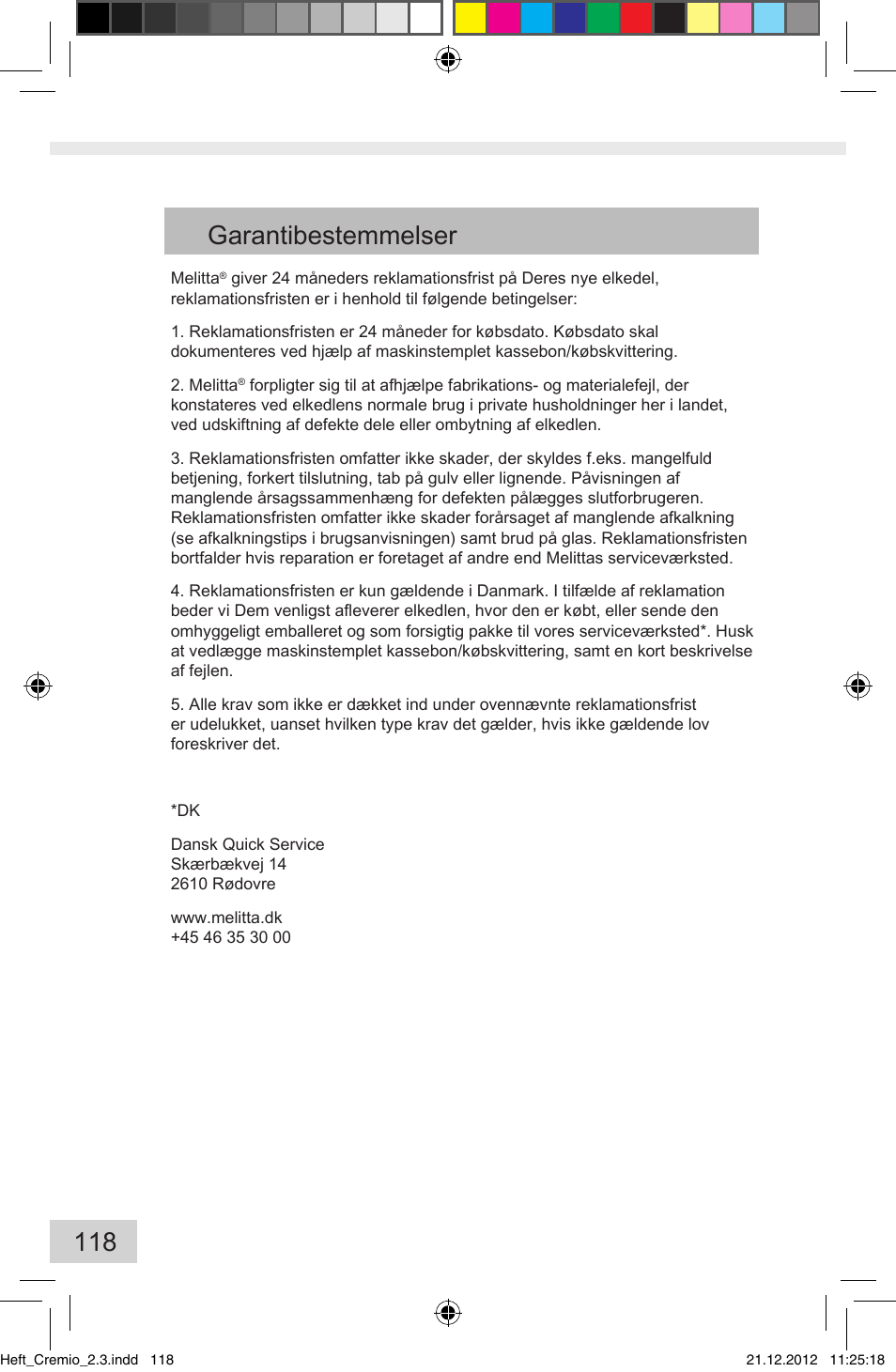 118 garantibestemmelser | Melitta Cremio User Manual | Page 120 / 172