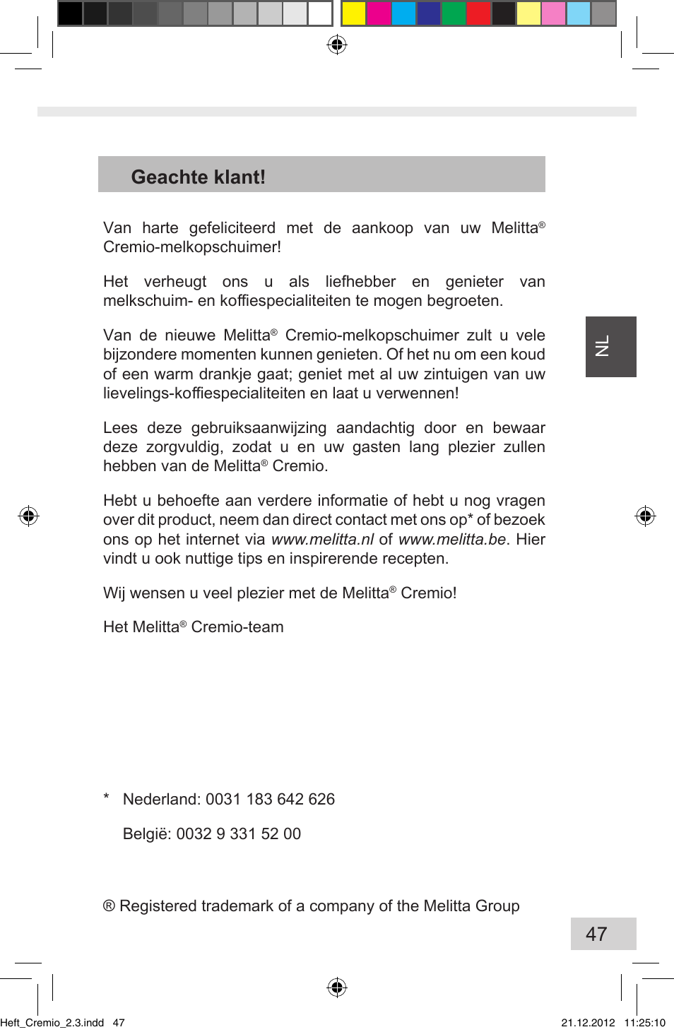 47 geachte klant | Melitta Cremio User Manual | Page 49 / 172