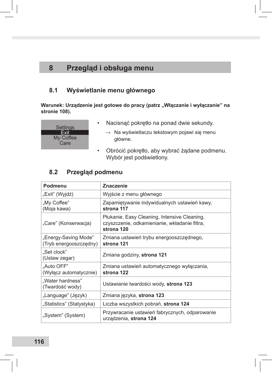 8przegląd i obsługa menu | Melitta Caffeo CI User Manual | Page 118 / 240
