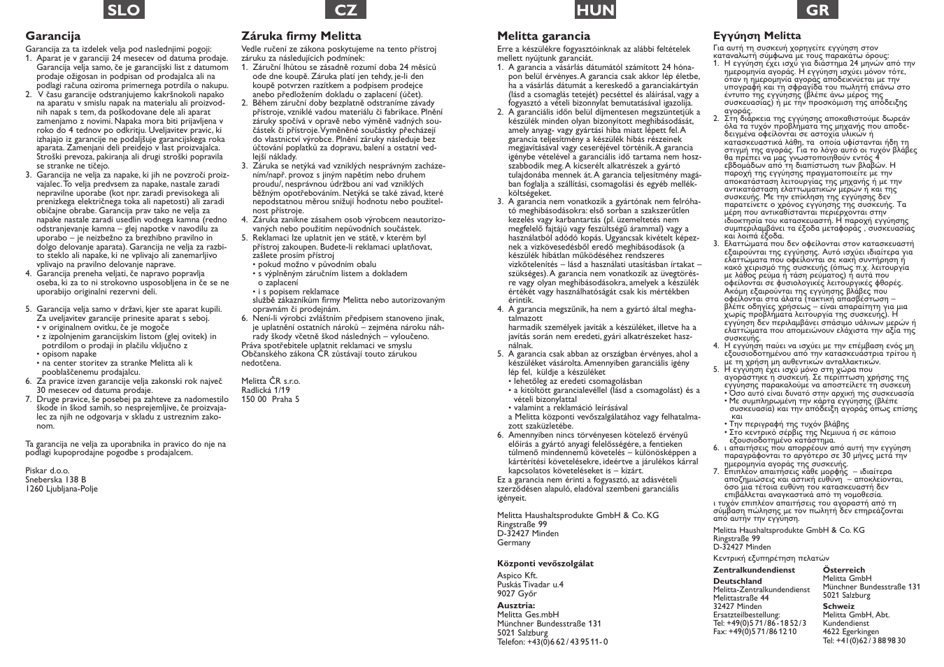 Hun gr, Slo cz, Melitta garancia | Garancija, Záruka firmy melitta | Melitta Optima Therm User Manual | Page 15 / 16