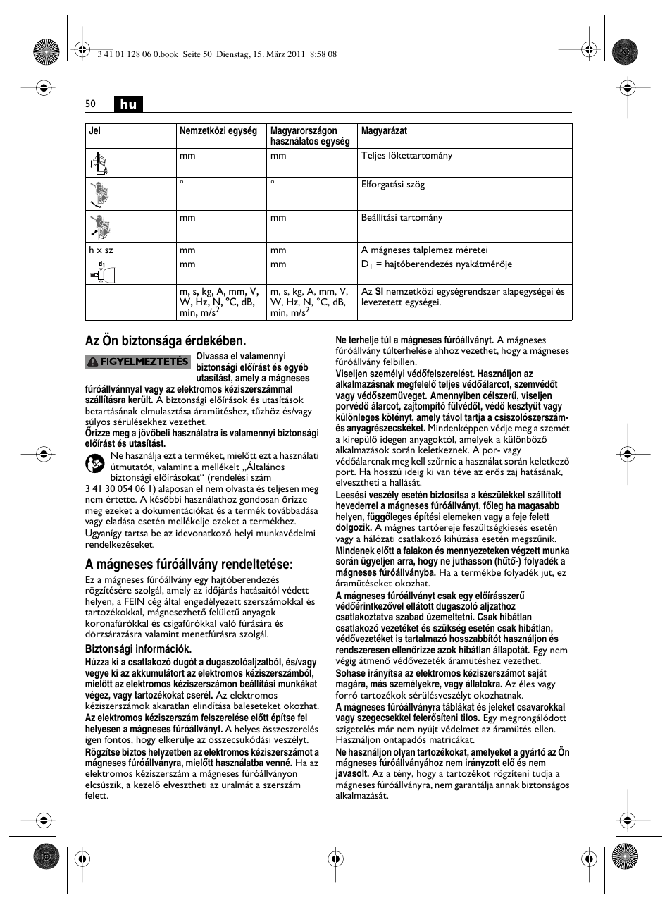 Hu az ön biztonsága érdekében, A mágneses fúróállvány rendeltetése | Fein MBS32F User Manual | Page 50 / 66