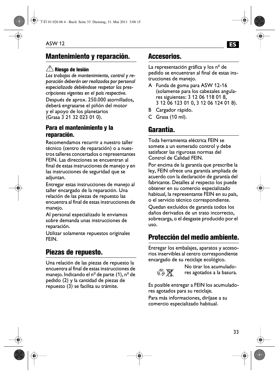 Mantenimiento y reparación, Piezas de repuesto, Accesorios | Garantía, Protección del medio ambiente | Fein ASW12-16 User Manual | Page 33 / 94