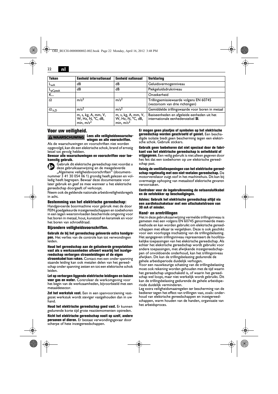 Nl voor uw veiligheid | Fein BOP 13-2 User Manual | Page 22 / 110