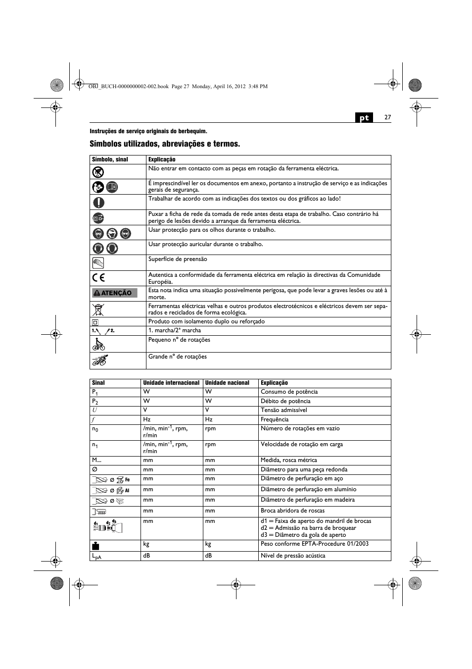 Símbolos utilizados, abreviações e termos | Fein BOP 13-2 User Manual | Page 27 / 110