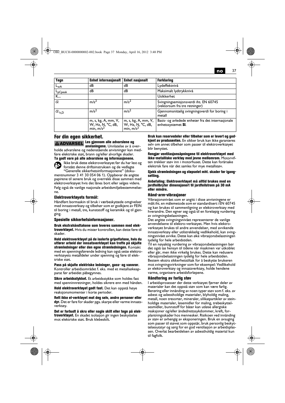 No for din egen sikkerhet | Fein BOP 13-2 User Manual | Page 37 / 110