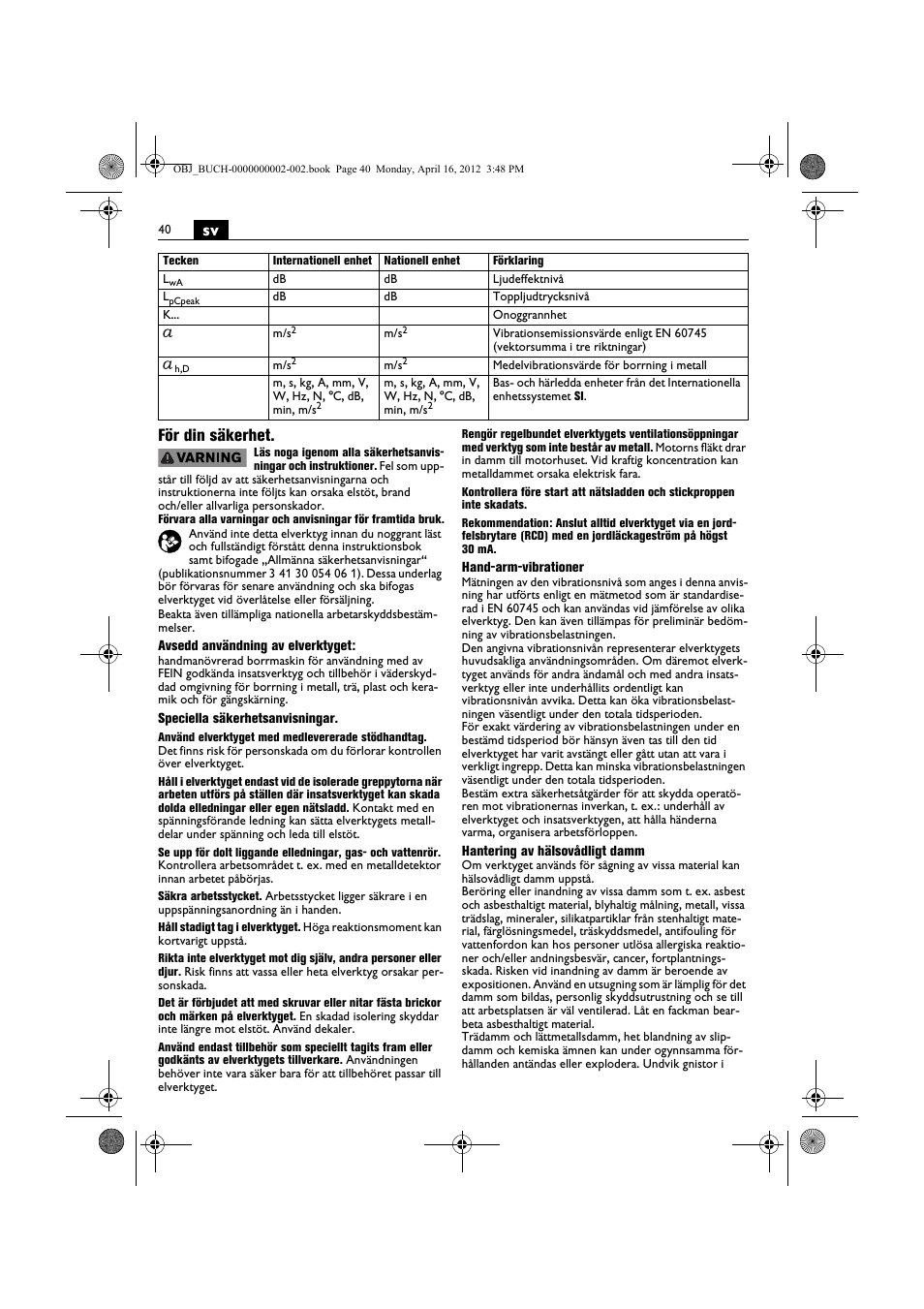 Sv för din säkerhet | Fein BOP 13-2 User Manual | Page 40 / 110
