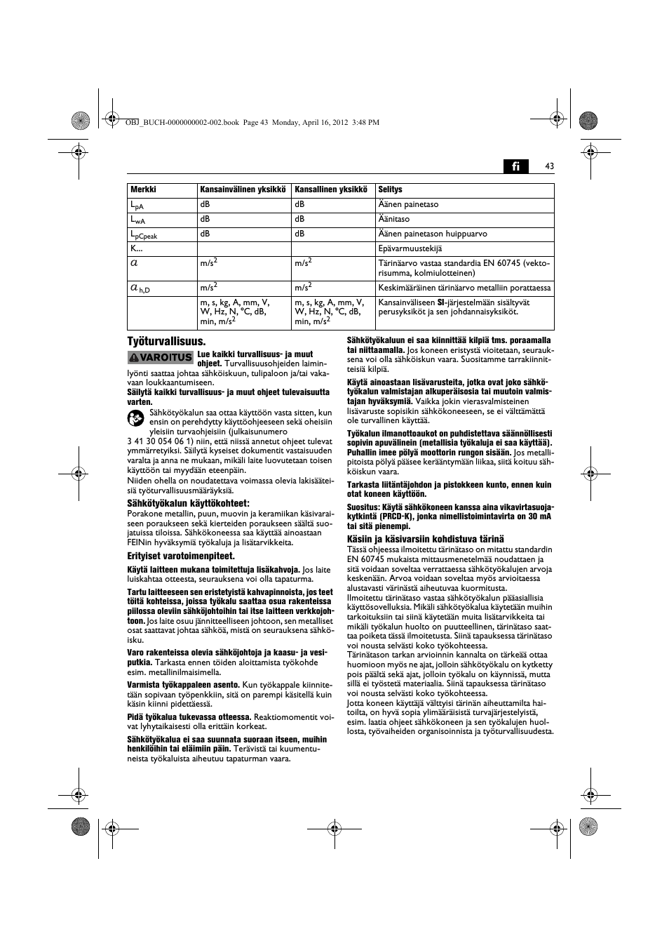 Fi työturvallisuus | Fein BOP 13-2 User Manual | Page 43 / 110