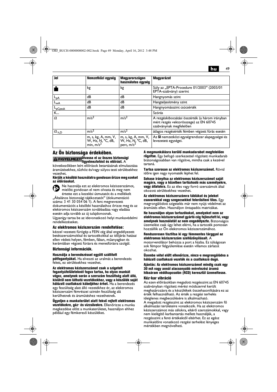 Hu az ön biztonsága érdekében | Fein BOP 13-2 User Manual | Page 49 / 110