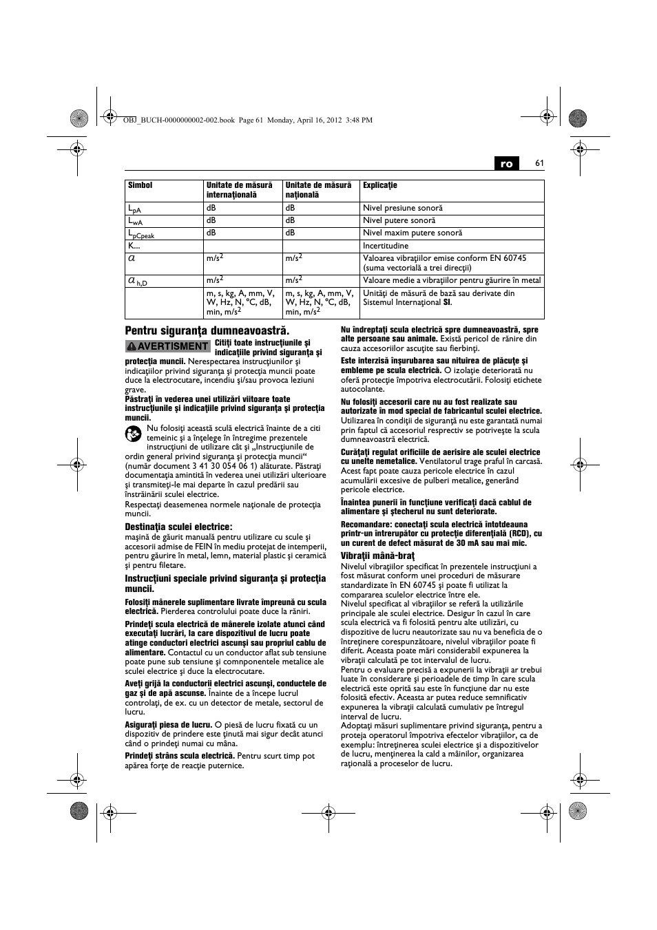 Ro pentru siguranţa dumneavoastră | Fein BOP 13-2 User Manual | Page 61 / 110
