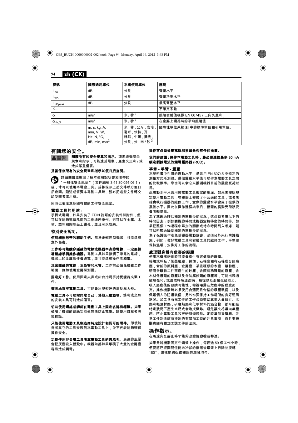 Zh (ck), 有關您的安全, 操作指示 | Fein BOP 13-2 User Manual | Page 94 / 110