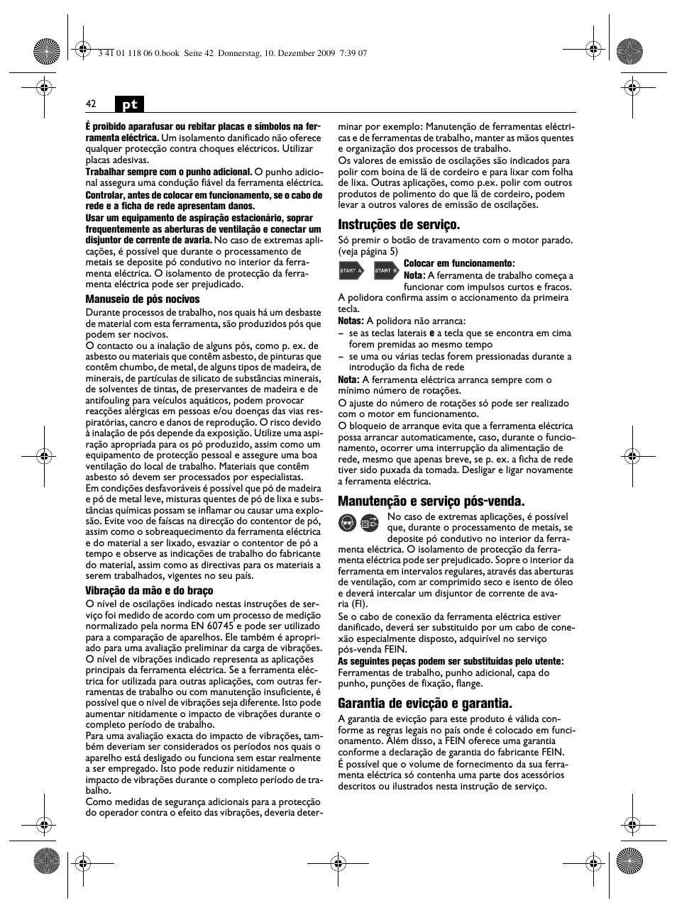 Instruções de serviço, Manutenção e serviço pós-venda, Garantia de evicção e garantia | Fein WPO 14-15XE User Manual | Page 42 / 92