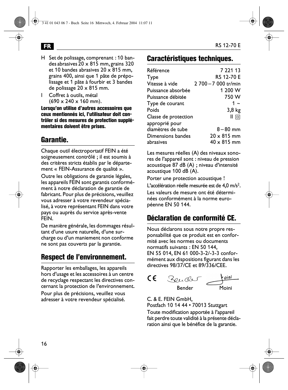 Garantie, Respect de l’environnement, Caractéristiques techniques | Déclaration de conformité ce | Fein RS 12-70E User Manual | Page 16 / 80