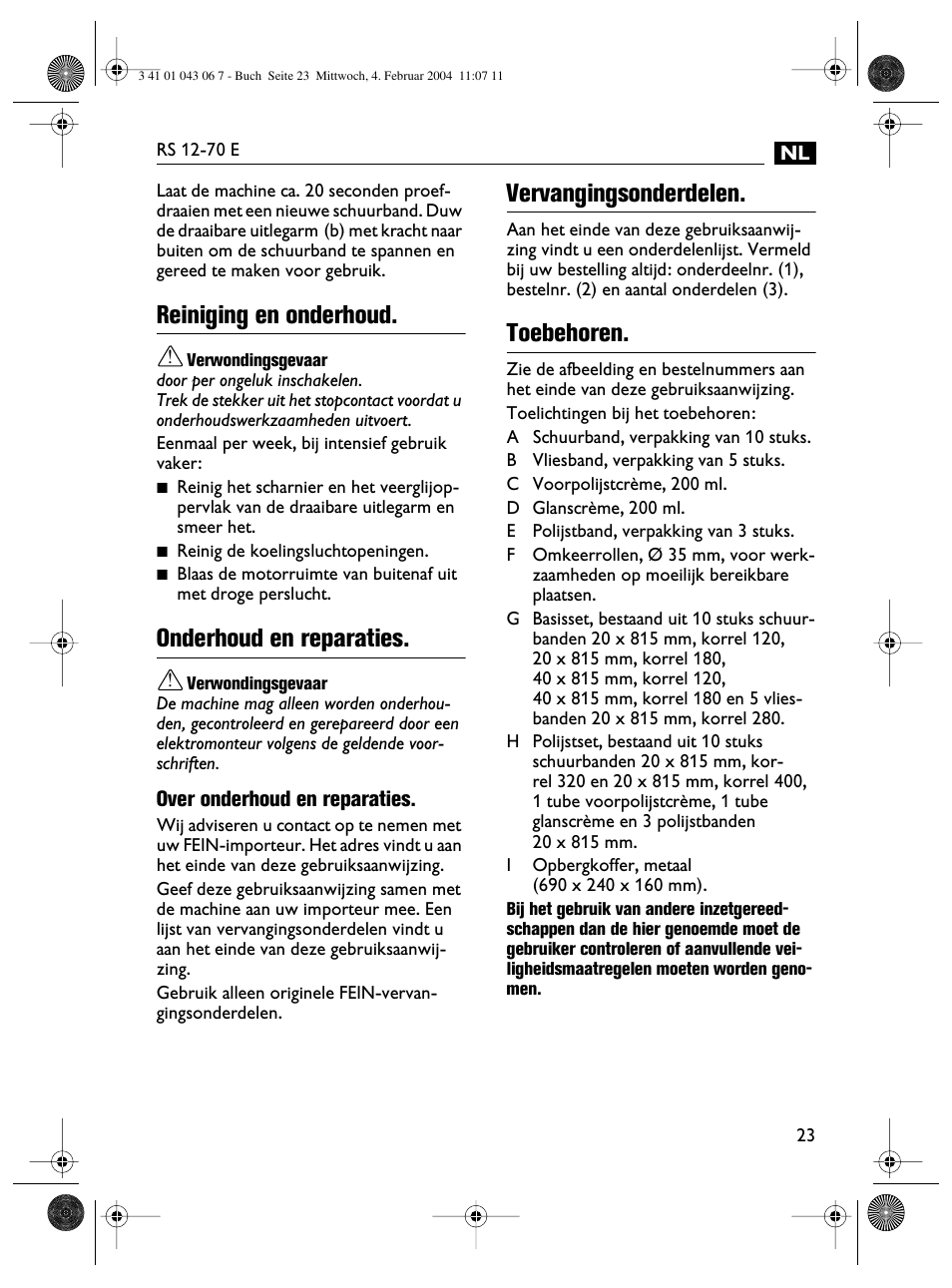 Reiniging en onderhoud, Onderhoud en reparaties, Vervangingsonderdelen | Toebehoren | Fein RS 12-70E User Manual | Page 23 / 80