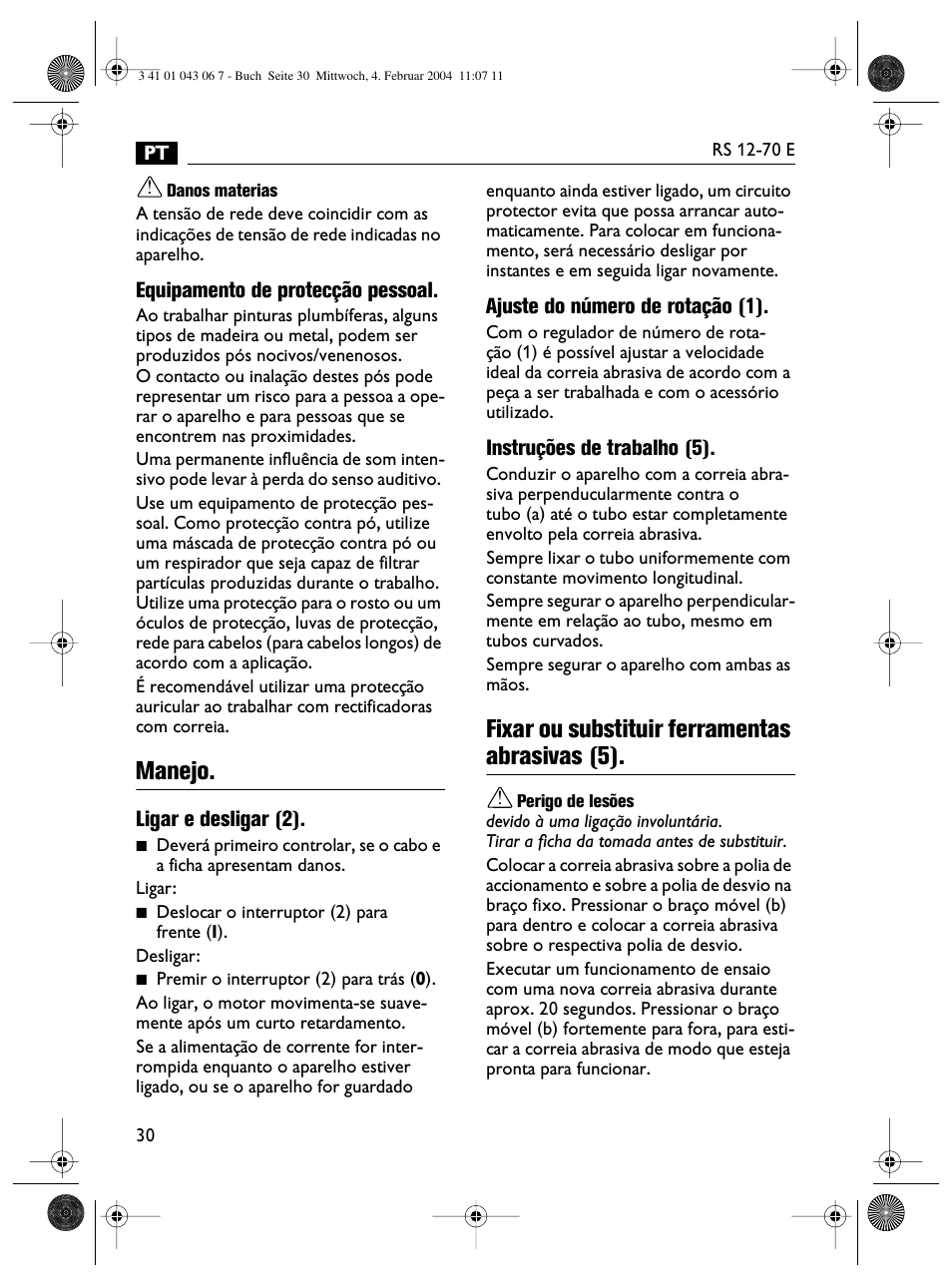 Manejo, Fixar ou substituir ferramentas abrasivas (5) | Fein RS 12-70E User Manual | Page 30 / 80