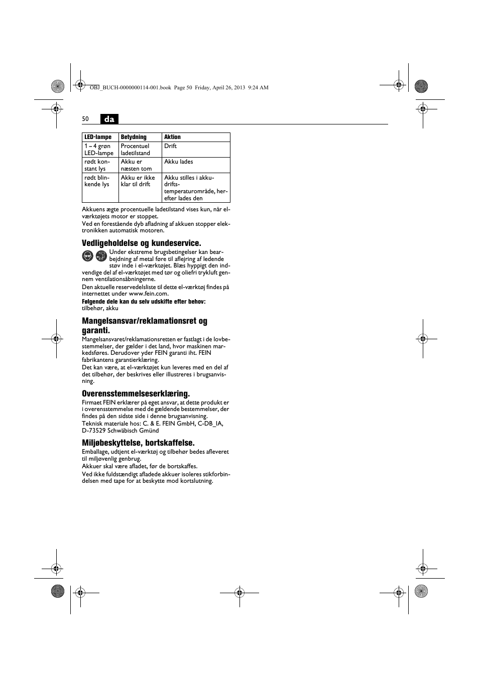Vedligeholdelse og kundeservice, Mangelsansvar/reklamationsret og garanti, Overensstemmelseserklæring | Miljøbeskyttelse, bortskaffelse | Fein ASCM_18QXC User Manual | Page 50 / 154