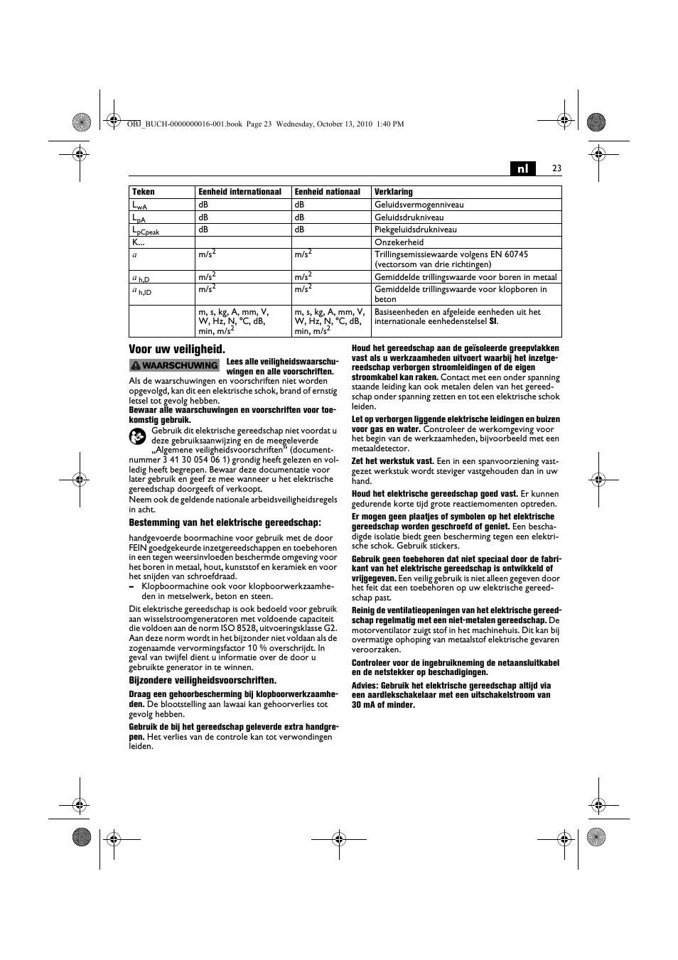 Nl voor uw veiligheid | Fein DSeu 638 User Manual | Page 23 / 112