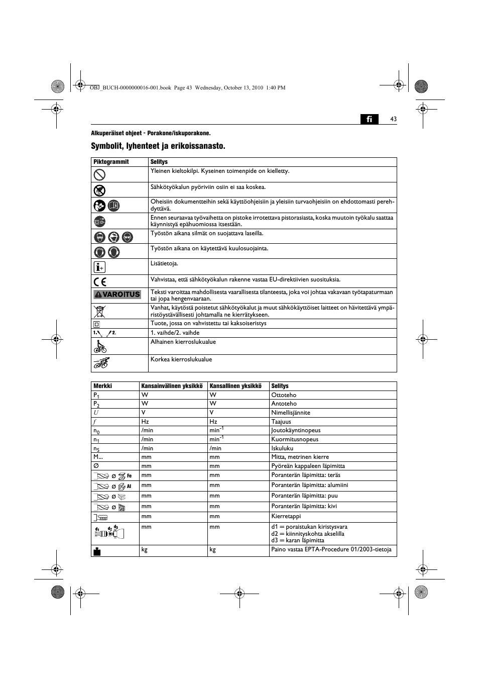 Symbolit, lyhenteet ja erikoissanasto | Fein DSeu 638 User Manual | Page 43 / 112