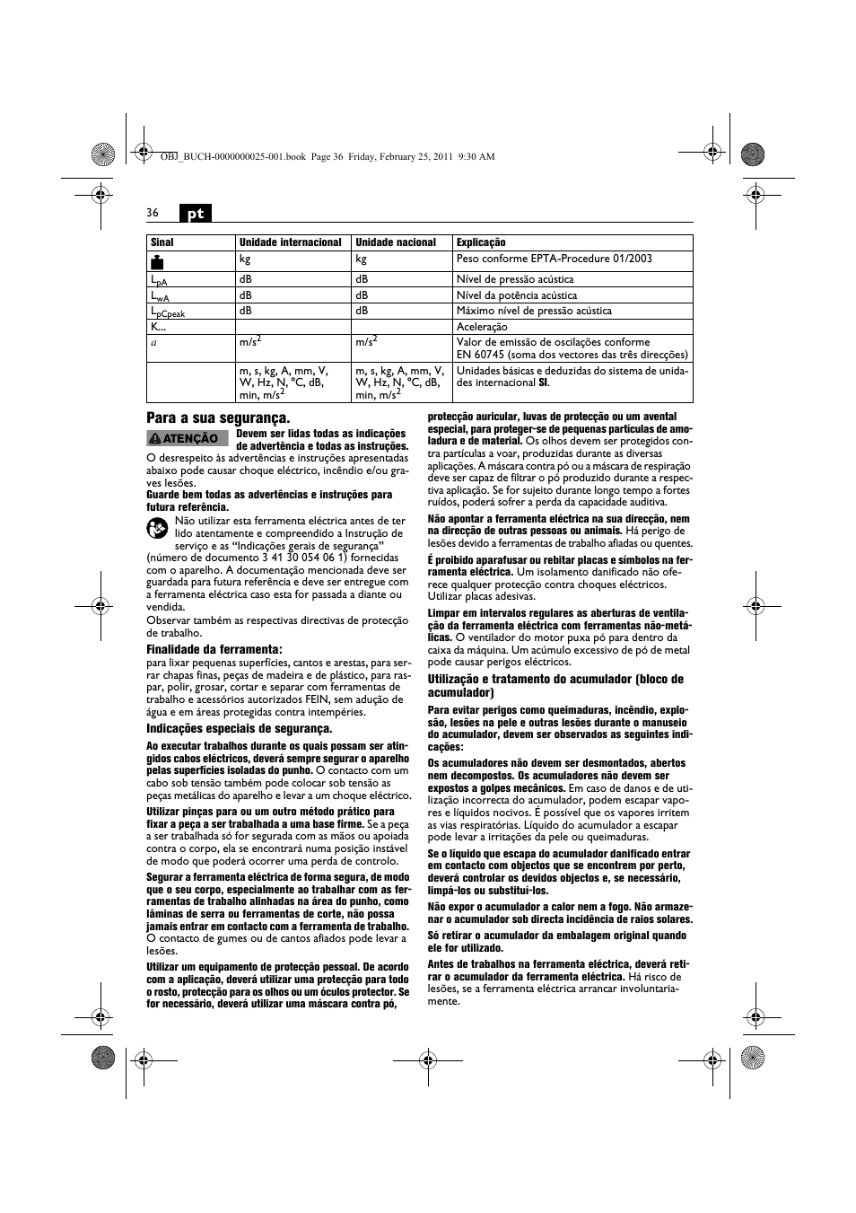 Pt para a sua segurança | Fein MultiMaster с аккумулятором User Manual | Page 36 / 149