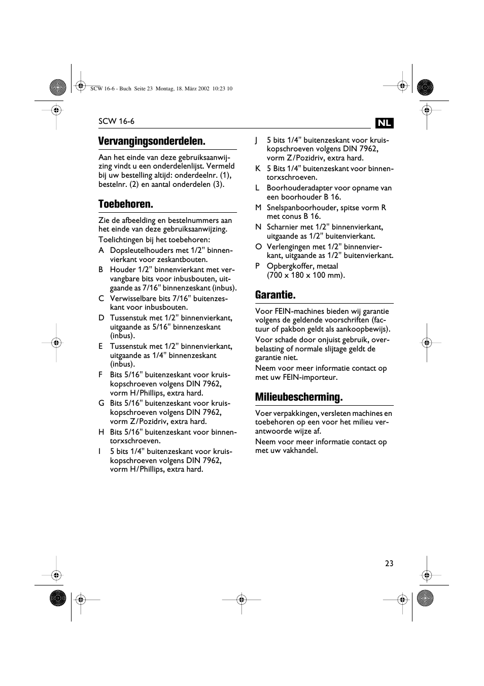 Vervangingsonderdelen, Toebehoren, Garantie | Milieubescherming | Fein SCW16_6 User Manual | Page 23 / 80