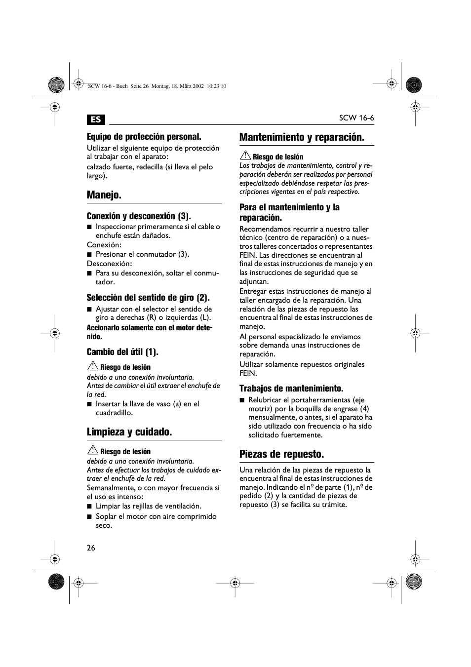 Manejo, Limpieza y cuidado, Mantenimiento y reparación | Piezas de repuesto | Fein SCW16_6 User Manual | Page 26 / 80