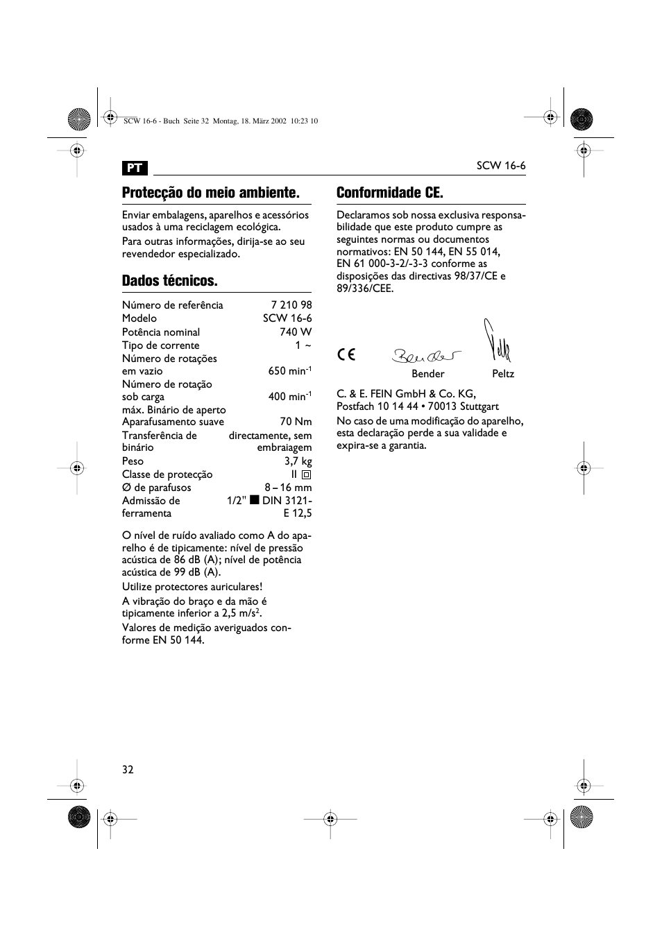 Protecção do meio ambiente, Dados técnicos, Conformidade ce | Fein SCW16_6 User Manual | Page 32 / 80