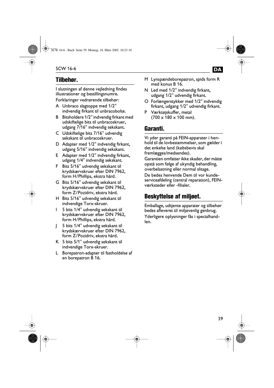 Tilbehør, Garanti, Beskyttelse af miljøet | Fein SCW16_6 User Manual | Page 39 / 80