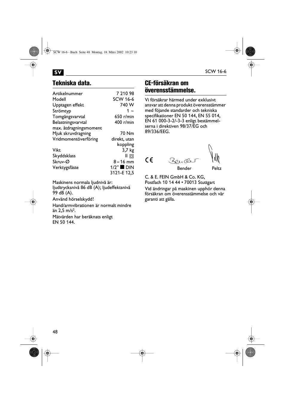 Tekniska data, Ce-försäkran om överensstämmelse | Fein SCW16_6 User Manual | Page 48 / 80