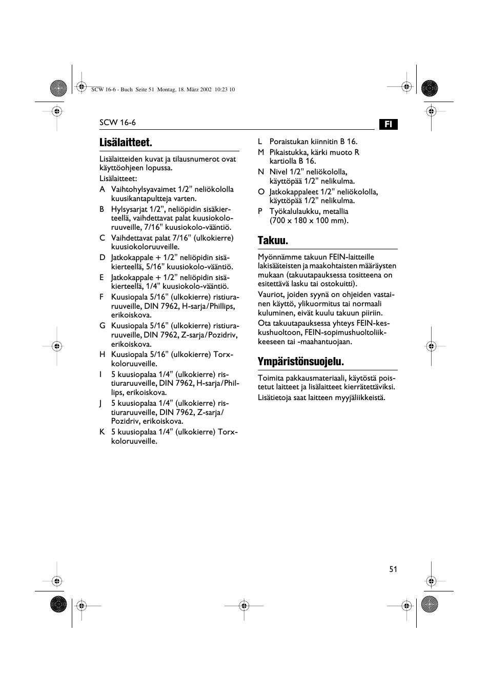 Lisälaitteet, Takuu, Ympäristönsuojelu | Fein SCW16_6 User Manual | Page 51 / 80