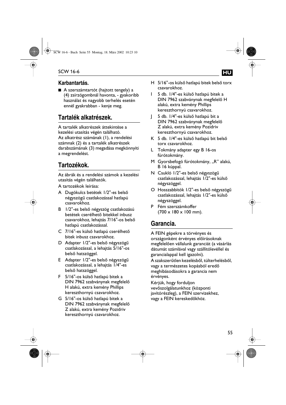 Tartalék alkatrészek, Tartozékok, Garancia | Fein SCW16_6 User Manual | Page 55 / 80