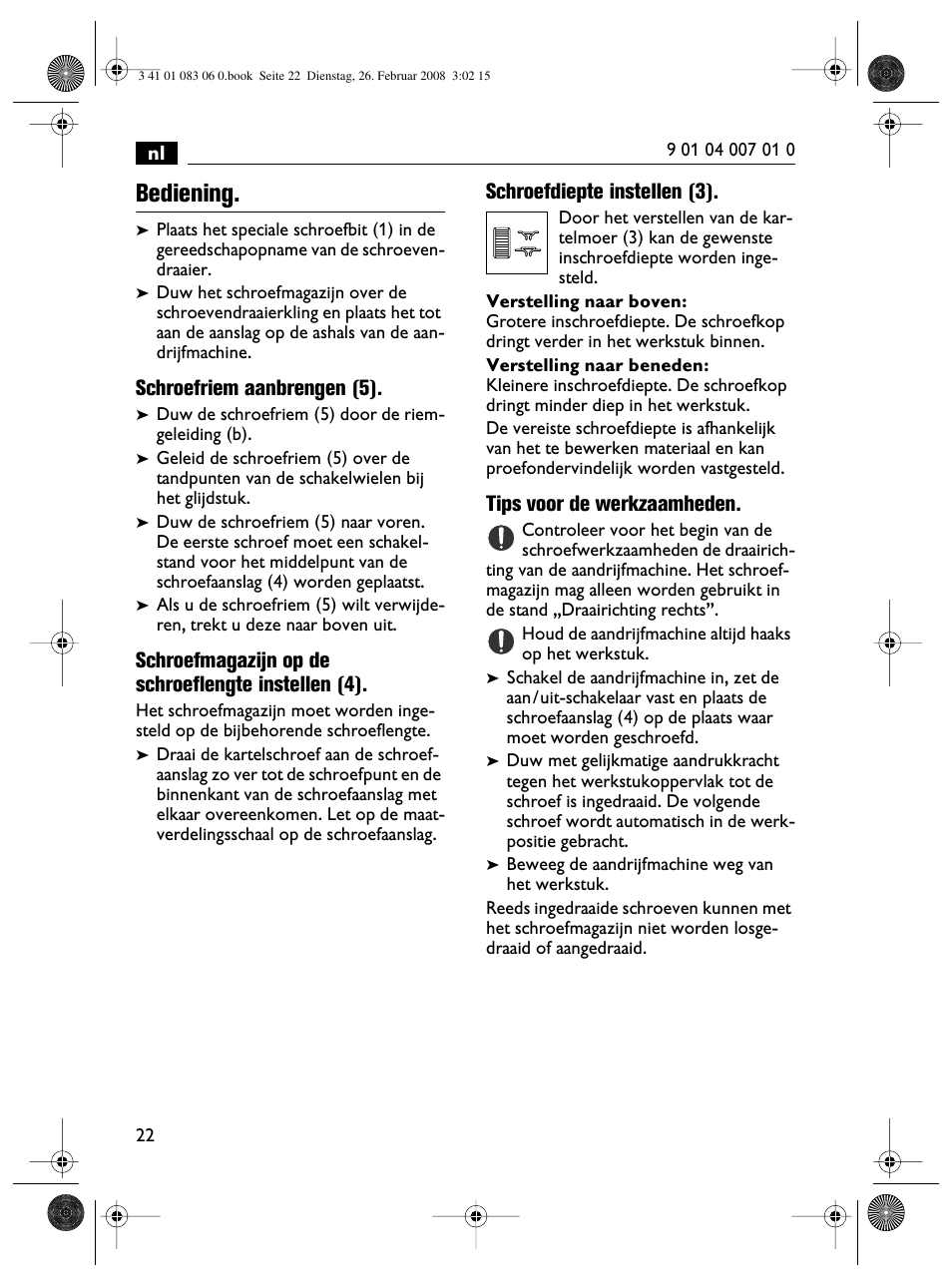 Bediening, Schroefriem aanbrengen (5), Schroefmagazijn op de schroeflengte instellen (4) | Schroefdiepte instellen (3), Tips voor de werkzaamheden | Fein SCT5-40M магазин User Manual | Page 22 / 70