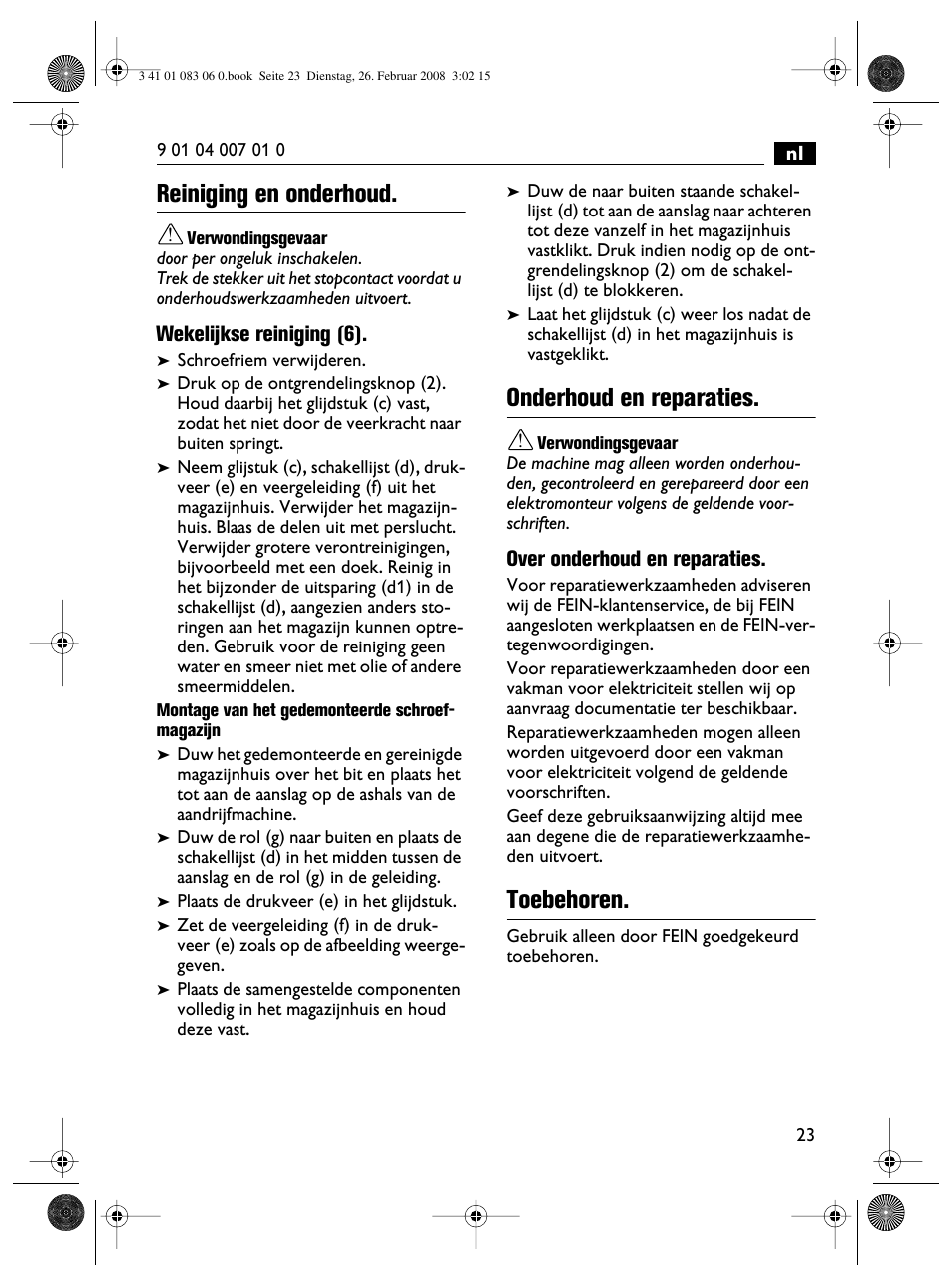 Reiniging en onderhoud, Onderhoud en reparaties, Toebehoren | Fein SCT5-40M магазин User Manual | Page 23 / 70