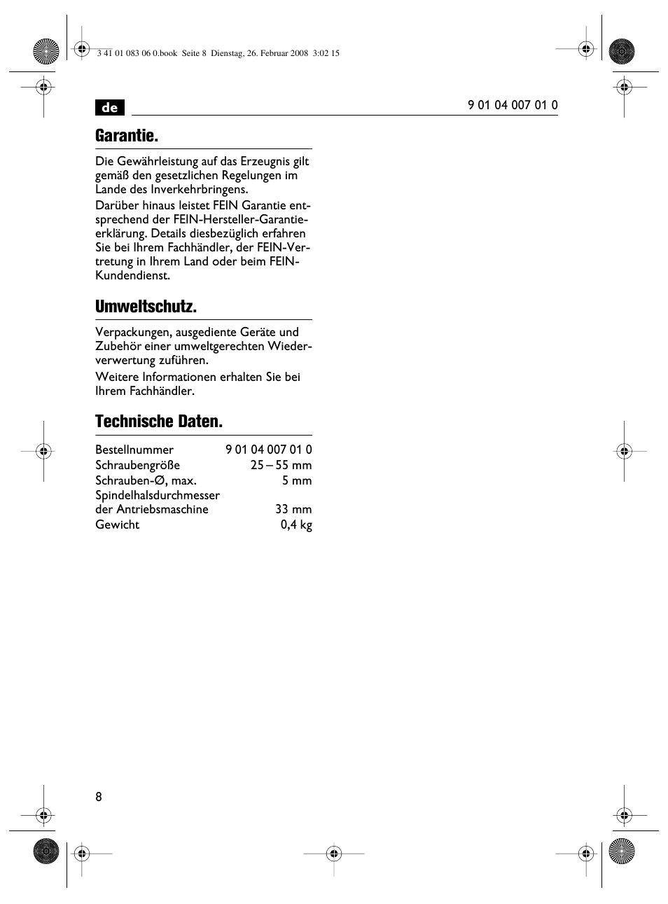 Garantie, Umweltschutz, Technische daten | Fein SCT5-40M магазин User Manual | Page 8 / 70