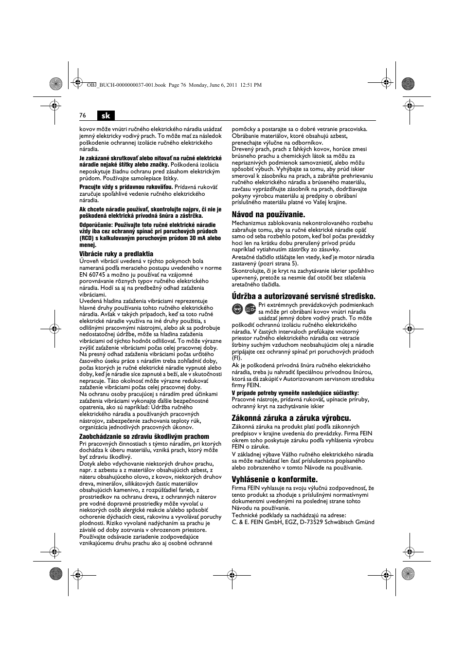 Návod na používanie, Údržba a autorizované servisné stredisko, Zákonná záruka a záruka výrobcu | Vyhlásenie o konformite | Fein KS 10-38E User Manual | Page 76 / 155