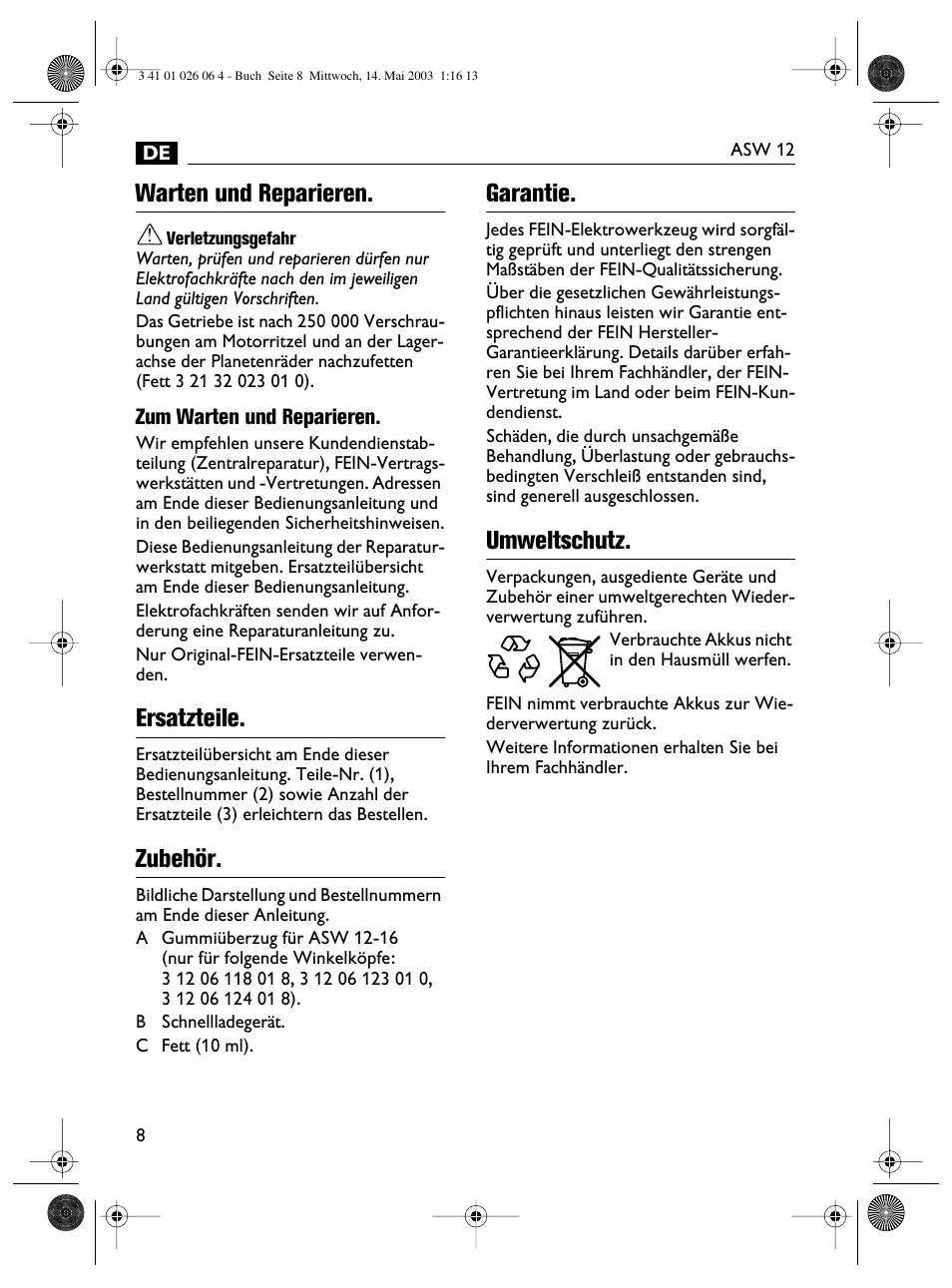 Warten und reparieren, Ersatzteile, Zubehör | Garantie, Umweltschutz | Fein ASW12-25 User Manual | Page 8 / 95