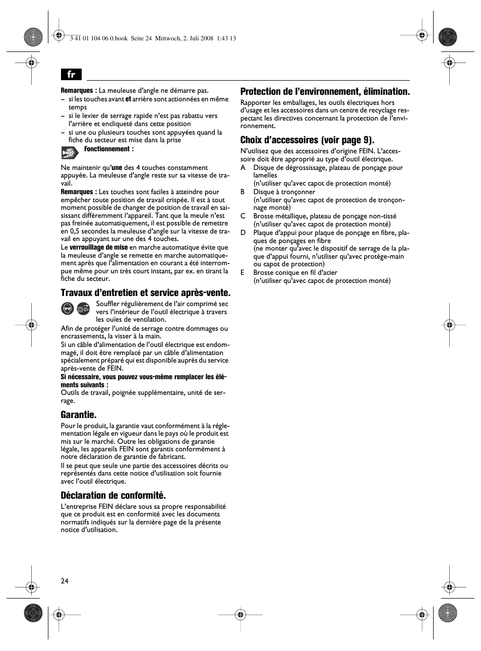 Travaux d’entretien et service après-vente, Garantie, Déclaration de conformité | Protection de l’environnement, élimination, Choix d’accessoires (voir page 9) | Fein WSB-14-125T User Manual | Page 24 / 99