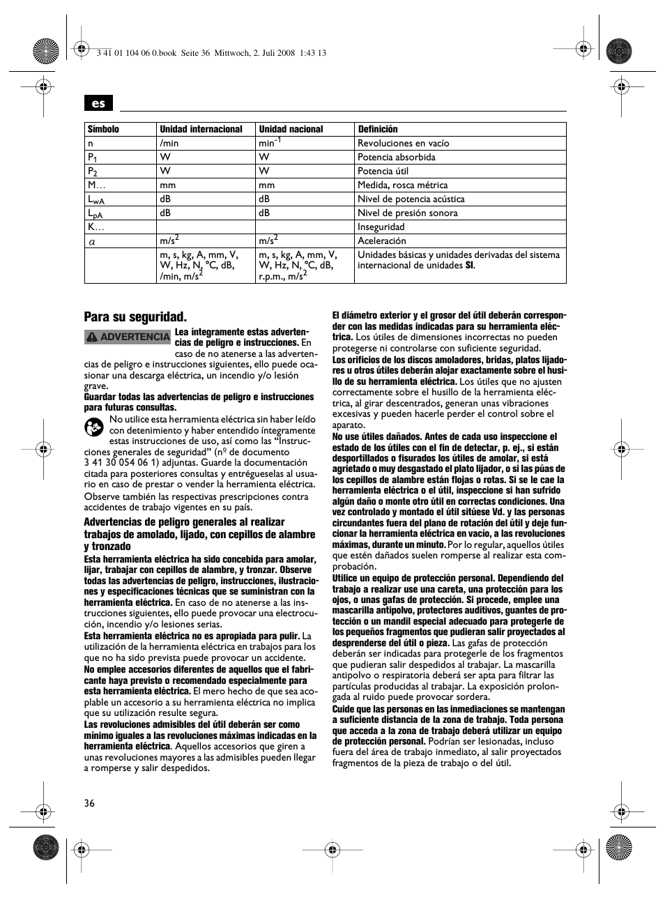 Es para su seguridad | Fein WSB-14-125T User Manual | Page 36 / 99